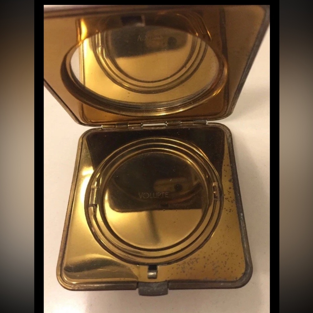Vintage Volupte Gold Tone Art Deco Compact Mirror Vanity Powder Case - Picture 3 of 5